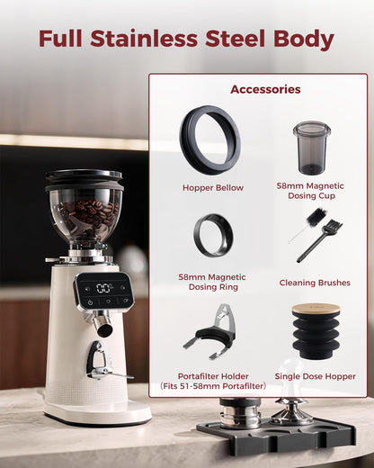 64mm Flat Burr Coffee Grinder with 100 Grind Settings