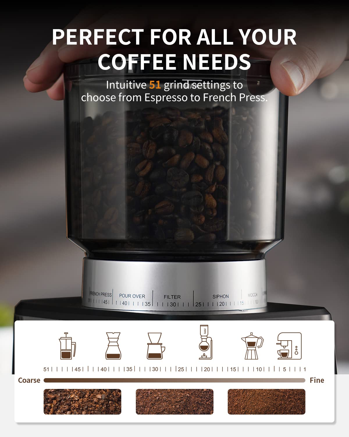 Conical Burr Coffee Grinder with 51 Grind Settings