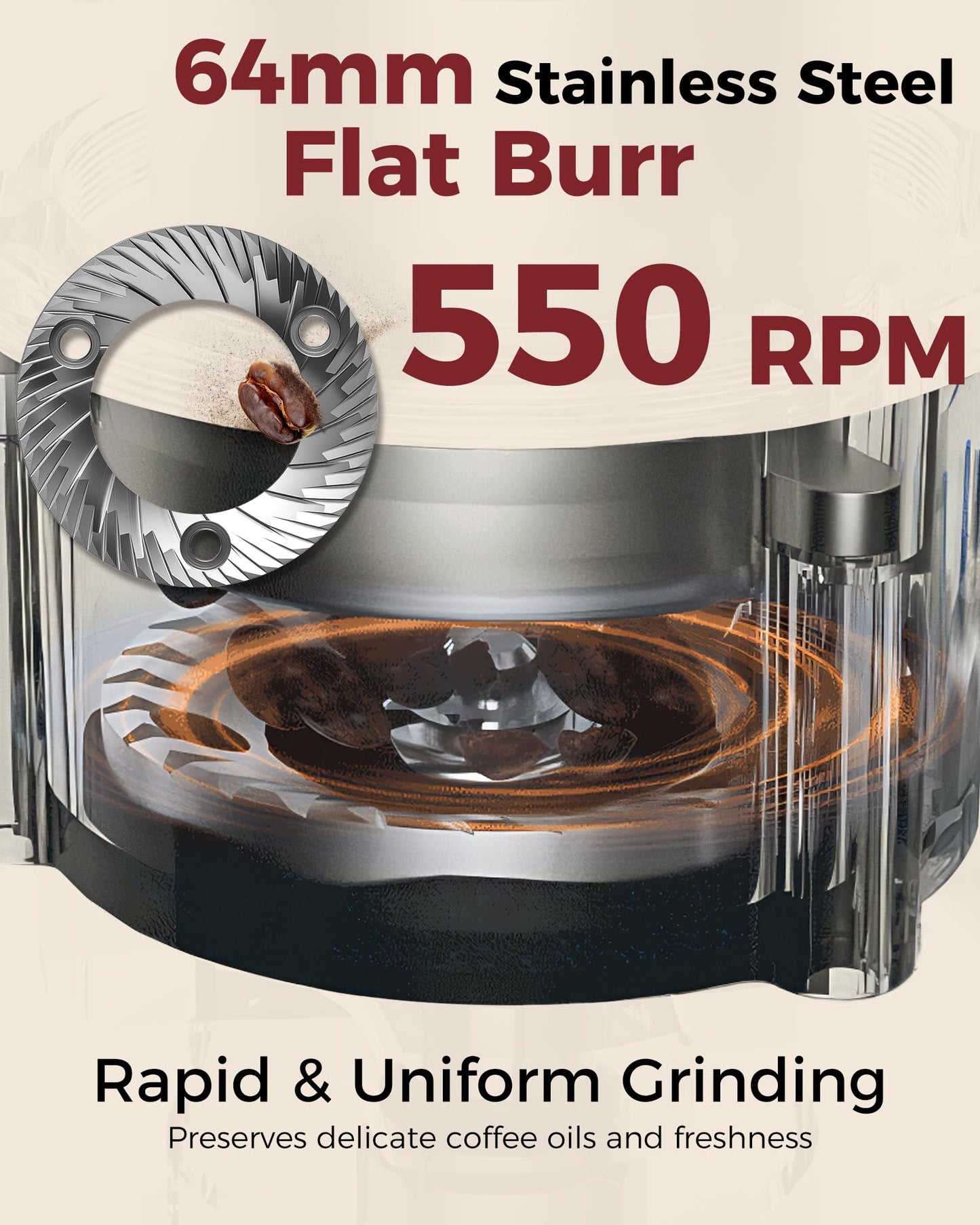 64mm Flat Burr Coffee Grinder with 100 Grind Settings