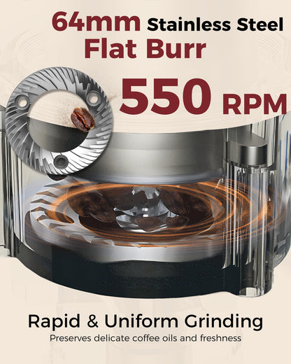 64mm Flat Burr Coffee Grinder with 100 Grind Settings